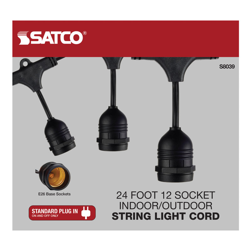 24Ft - LED String Light - 12 Socketed Black Cord And Plug Only