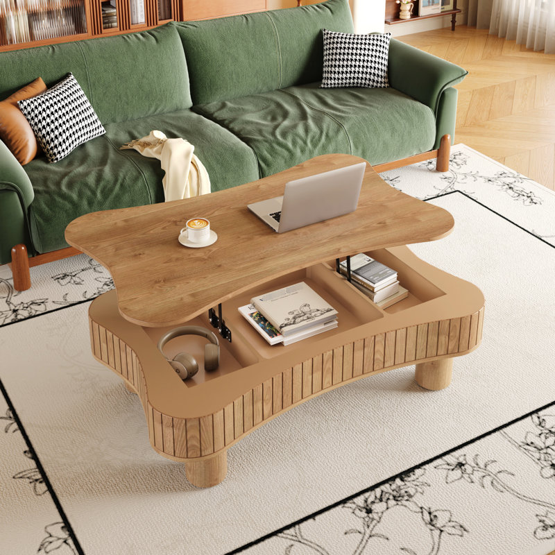 Table basse de 107 cm (42 pouces), double fonction salon et salle à manger, levage hydraulique fluide, installation en 5 étapes, table brune avec plateau relevable, panneau cannelé et rangement dissimulé, coins arrondis à 360°, silencieux, 107 cm (42 pouces) de long x 69 cm (27 pouces) de large, idéale