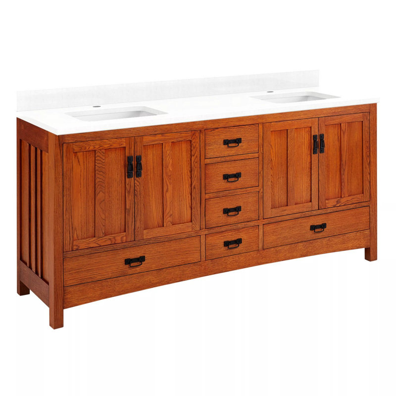72" Maybeck Dbl Vanity - Tinted Oak With Rect Undermount Sinks, Single Hole Centered, Feathered White Quartz