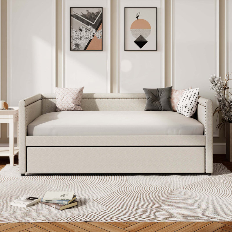Lit de jour rembourré avec lit gigogne pour chambre d'amis, Beige