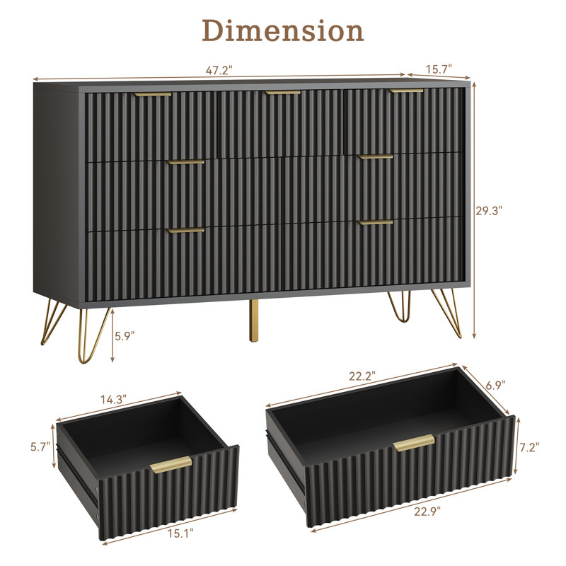 Commode cannelée à 7 tiroirs pour chambre à coucher, commode de chambre à coucher avec grand rangement, Noir
