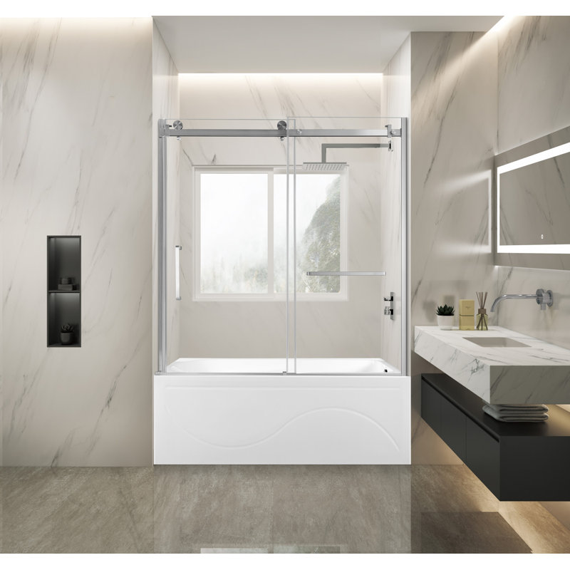 Kingston Brass 60-Inch Acrylic Rectangular 3-Wall Anti-Skid Alcove Tub With Tub Door, Hand Drain, Right, Brushed Nickel