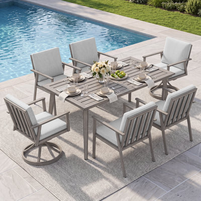 7 Pieces Outdoor Dining Set For 6, Aluminum Patio Swivel Dining Set With 2.2" Umbrella Hole, Outdoor Patio Furniture Set With 2 Swivel Chairs For Decks, Garden, Pool, Backyard, Limed Oak