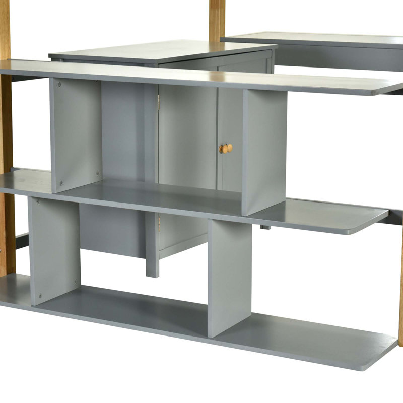 Lit mezzanine en bois avec armoire de rangement intégrée et cubes, bureau pliable, Lit simple, Gris