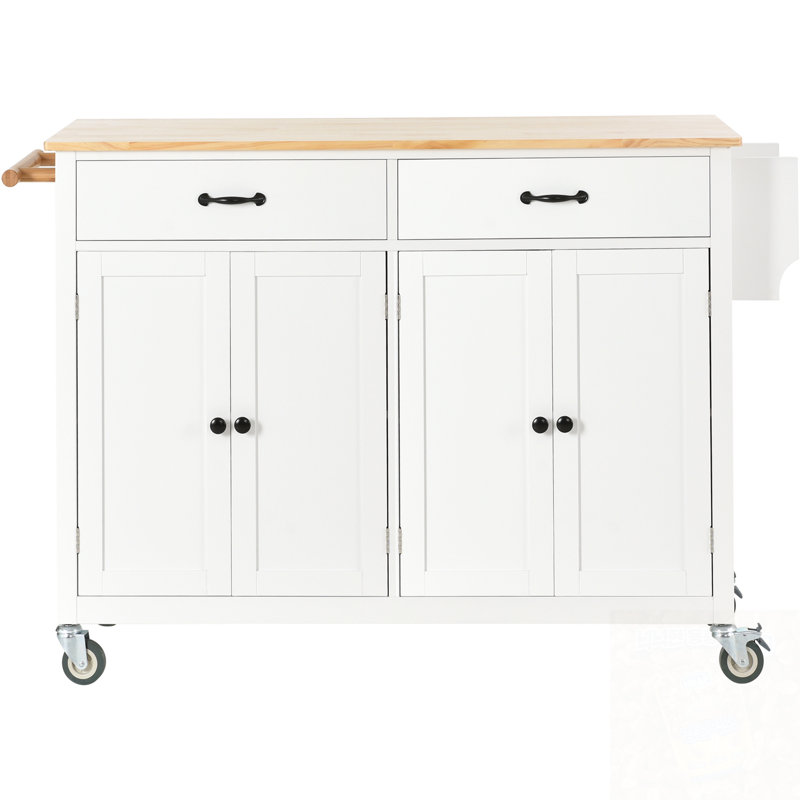 Kitchen Island With 4 Door Cabinet, Two Drawers And Locking Wheels, White