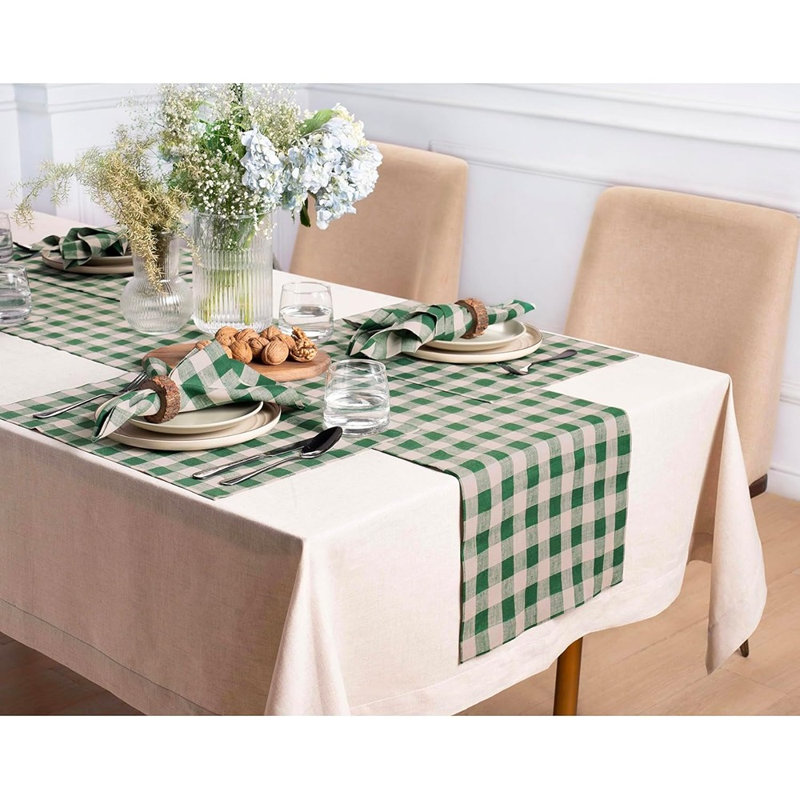 Chemin de table en lin - vert / naturel - à carreaux Buffalo, 100% lin pur, chemin de table court pour commode et table basse, printemps, décor de la Saint-Patrick et de Pâques