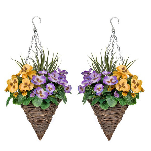 2 x Cone Shaped Hanging Baskets with Purple & White Flowers and Decorative Grasses (Set of 2), Purple/Yellow