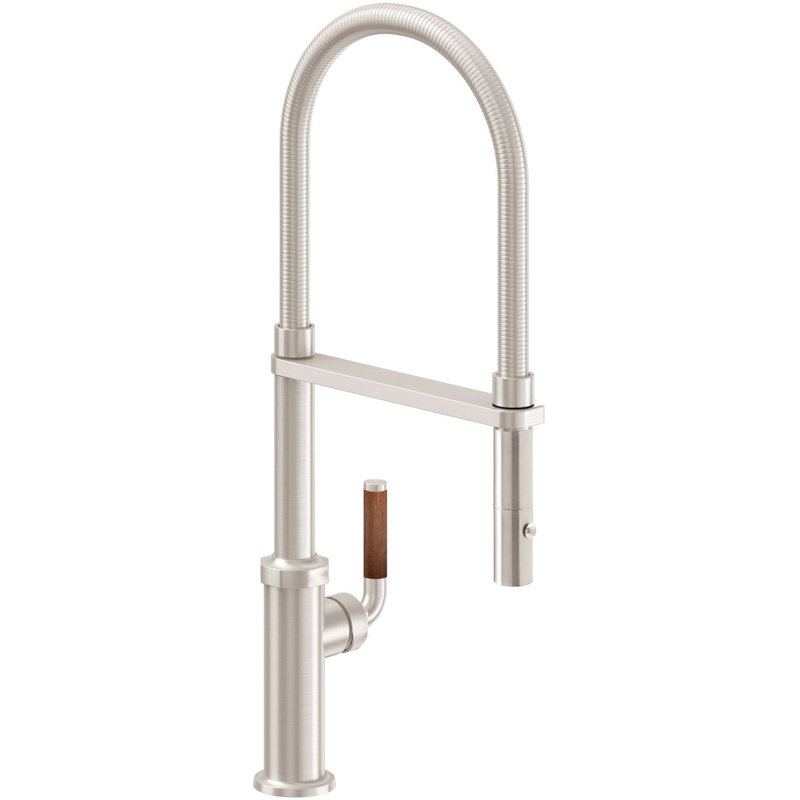 Culinary Pull-Out Kitchen Faucet With Button Sprayer, Polished Nickel, Teak Lever