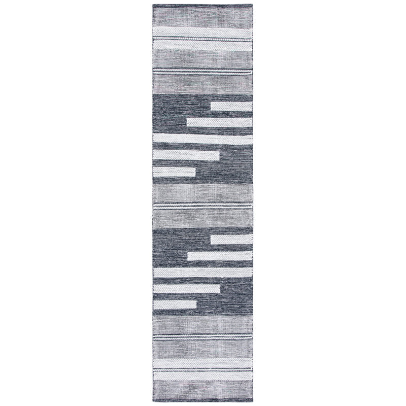 Ponty Hand Woven Cotton/Wool Striped Rug in Black, Runner 2'3" x 9'