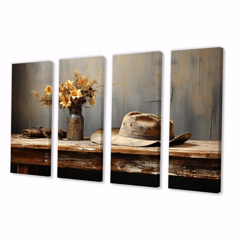 Minimalisme Cowboy Hat - Cowboys, art mural 4 pièces pour le salon, H 32 po x l 64 po