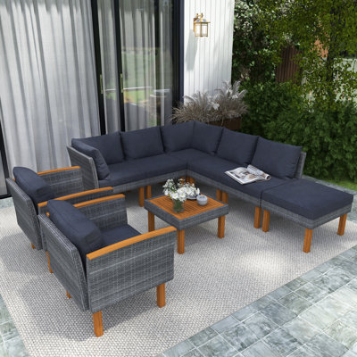 Ensemble modulaire d'extérieur en osier 9 pièces avec table basse 9 pièces