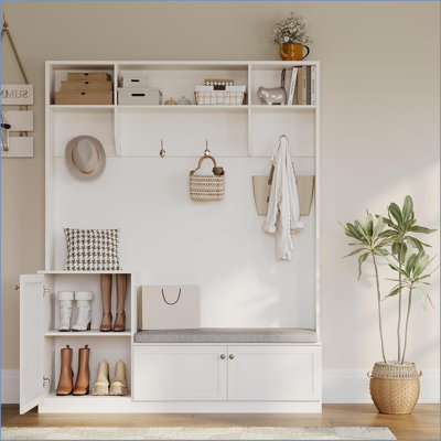 79 in Hall Tree, 5-In-1 Modern Entryway Bench with Coat Rack, Hall Tree with 4 Hanging Hooks, 3 Open Compartments & Adjustable Shelf, Coat Rack Freestanding for Entryway, Living Room
