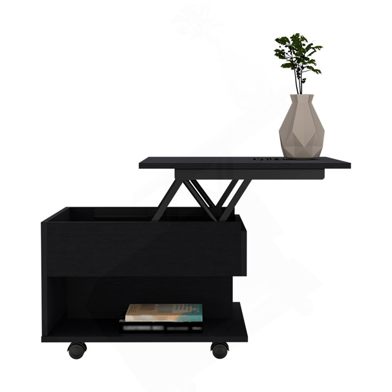 Table basse à plateau relevable Luanda, roulettes, une tablette - noir, Noir