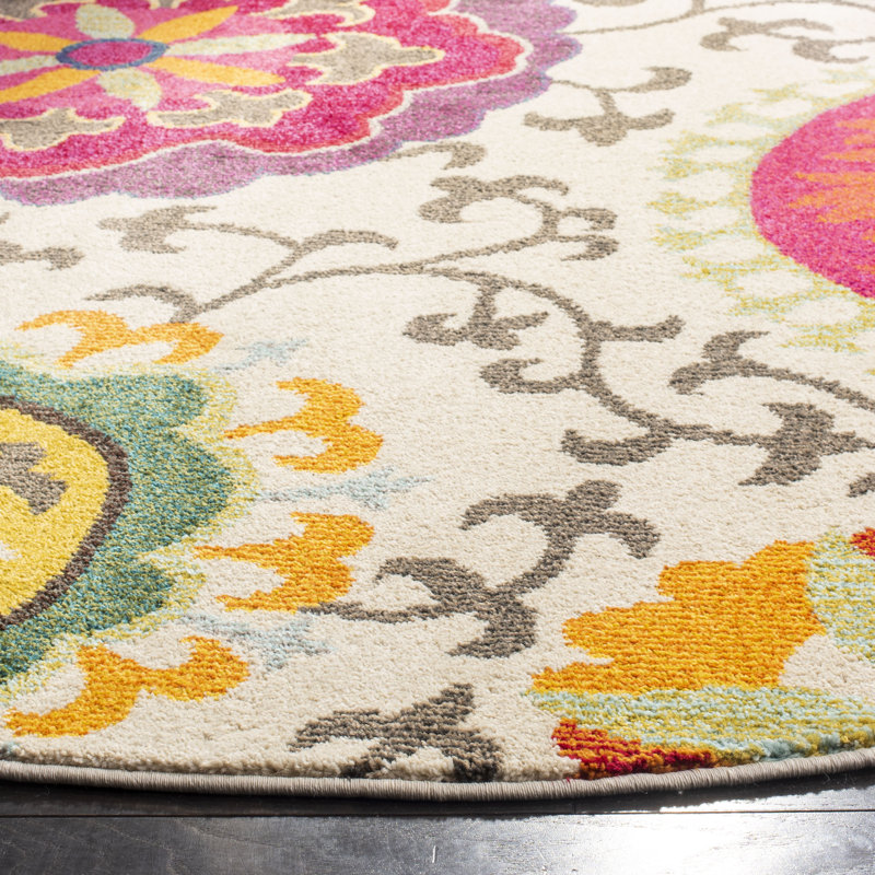 Tapis multicolore à motif floral Hertzler, Rond 4 pi
