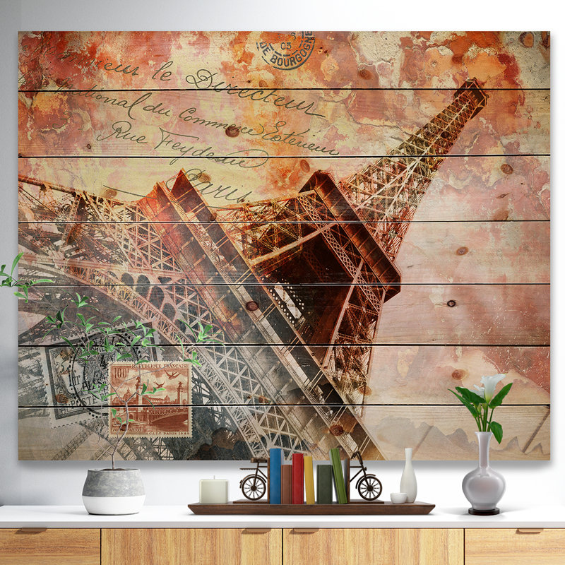 « paris eiffel tour paris », impression, H 15 po x l 20 po x P 1 po, Bois