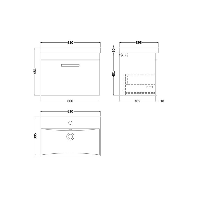 Athena 610 mm Single Vanity with Integrated Basin, Charcoal Black