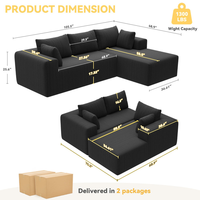 Boneless 105.5 ''Modular Sectional Sofa Couches L-Shape Couch 3 Seat Modular Sofa Memory Foam Sectional Couches For Living Room