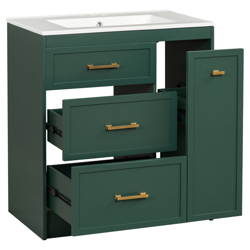 Meuble-lavabo de salle de bain 30 po - au sol, compact pour les petites salles de bain, lavabo en céramique lisse, rangement à double couche pour tiroir, armoire de 30 po, salle de bain idéale pour la salle de bain, lavabo avec système anti-débordement