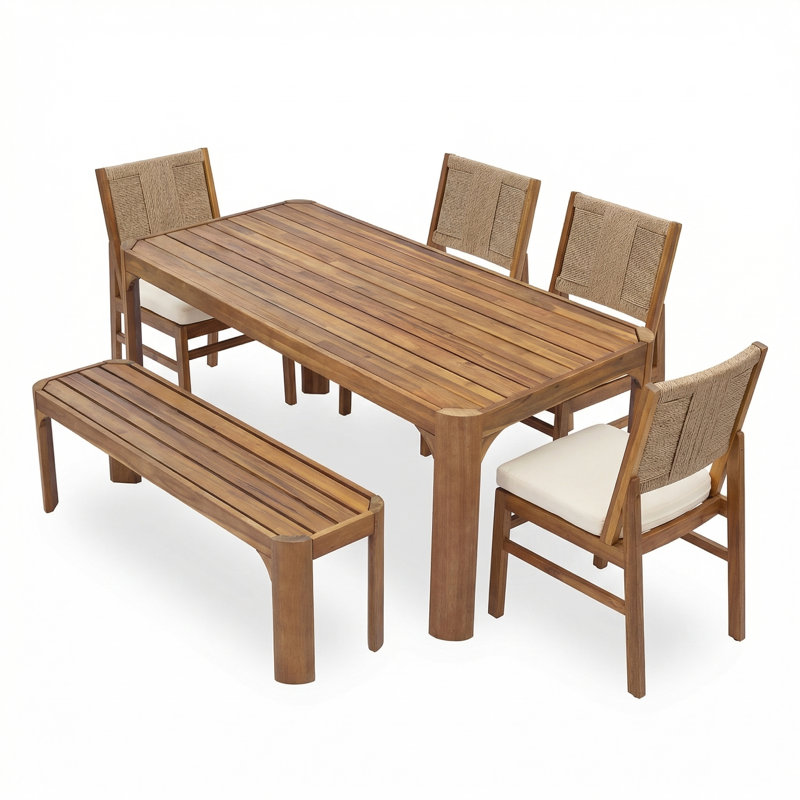 Jive Patio 6-Piece Acacia Wood Dining Set With Handwoven Wicker Chairs & Cushions