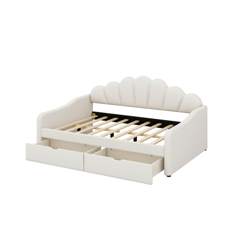 Full Size Upholstered Daybed Frame With Shall Shaped Backrest & 2 Drawers, Velvet Fabric, Beige