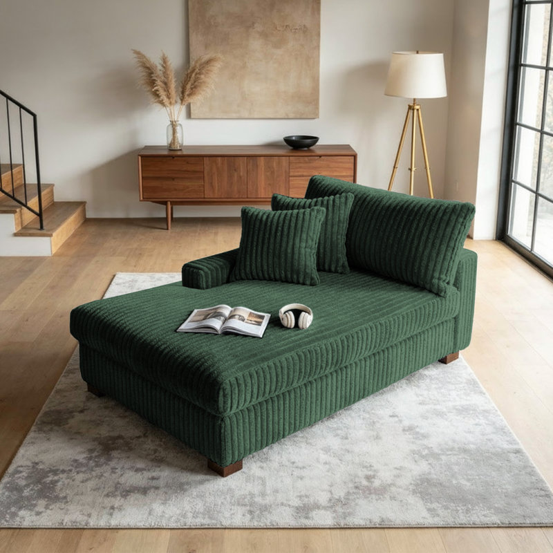 Oversized Upholstered Green Faux Rabbit Fur Flannel Chaise Lounge with Armrests & Throw Pillows, Green