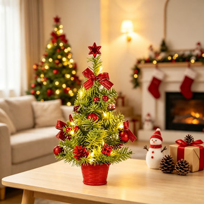 Mini arbre de Noël de bureau avec lumière DEL, pin de Noël de 17,7 po avec étoile en forme de boules de pin et cône de pin pour décoration intérieure, rouge