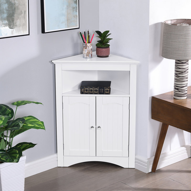 Armoire d'angle avec portes et tablettes pour salle de bain ou salon, Blanc