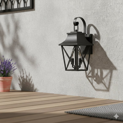 Ensemble de deux grandes lanternes murales extérieures avec deux lumières chacune, avec un cadre en métal noir moderne et des panneaux de verre. Ces appliques de style campagnard imperméables de style industriel sont conçues pour être fixées au mur sur des porches (ensemble de deux).