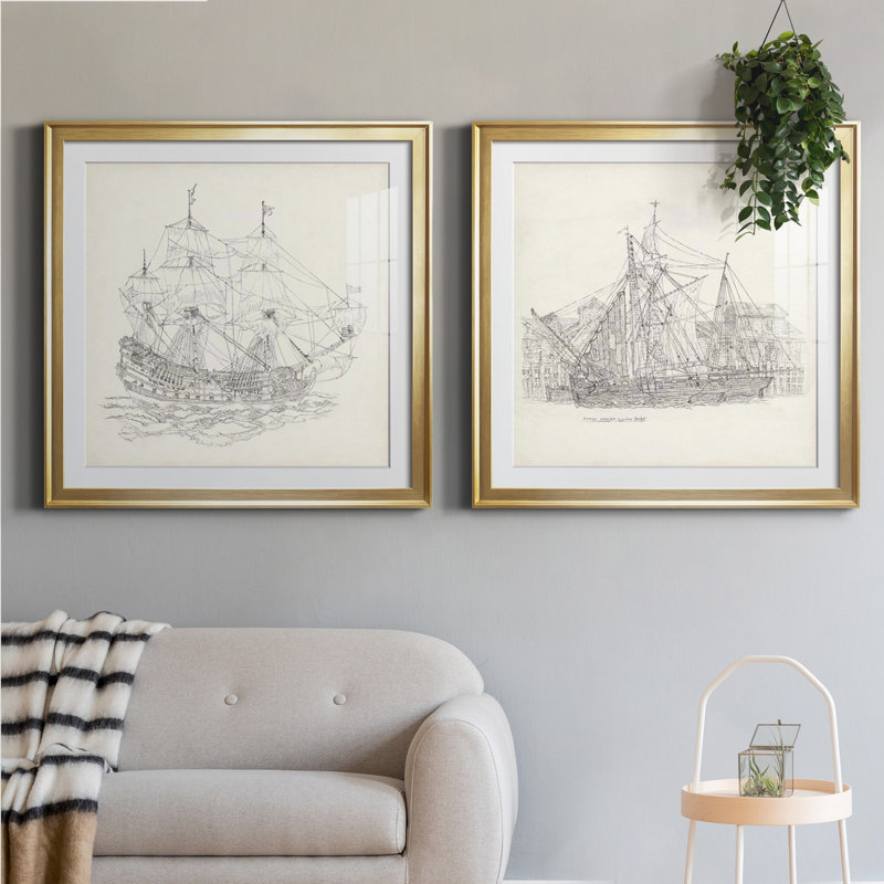 Esquisse de bateau antique ix Esquisse de bateau antique ix - ensemble de 2 reproductions de dessins encadrés, Blanc
