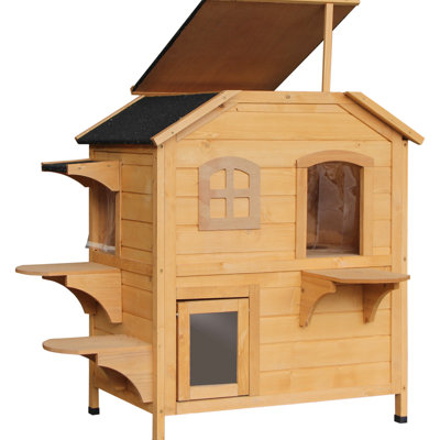 Enclos pour chat à 2 étages pour l'extérieur - maison en bois avec porte de secours et plateformes de saut pour le plaisir des chats