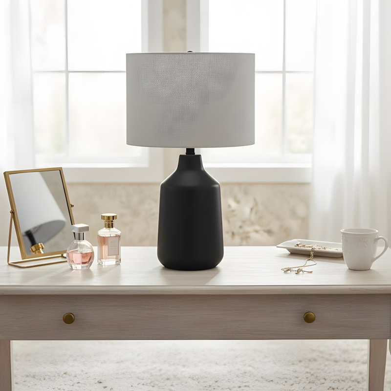 Lighting, 24 po, lampe de table, béton noir, abat-jour gris, contemporain, Noir