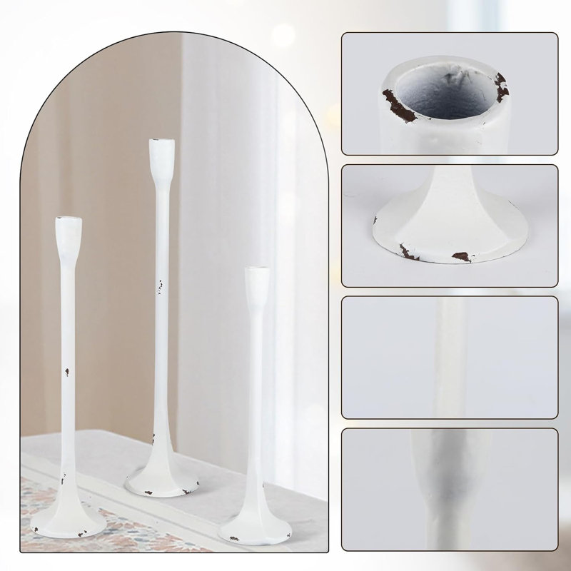 Set Of 3 White Iron Taper Candle Holders