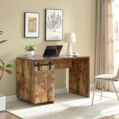 Bureau à domicile Bureau en bois patiné avec trois tablettes et porte de grange artificielle sur charnières européennes
