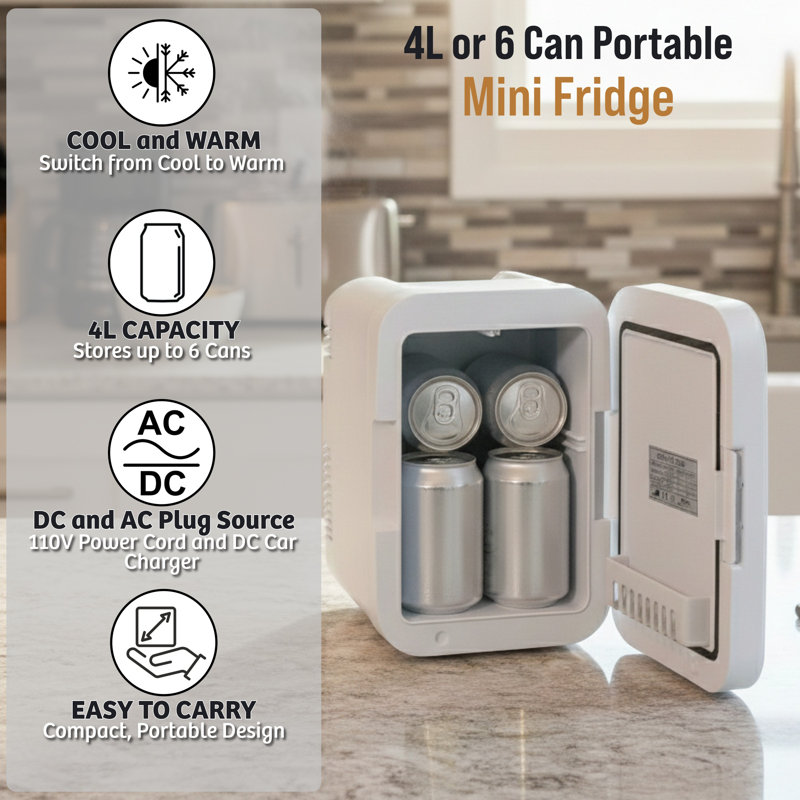 Home-Complete 0.14 Cubic Feet Portable Countertop Mini Fridge for Makeup, Car, Office, Bedroom - White, White