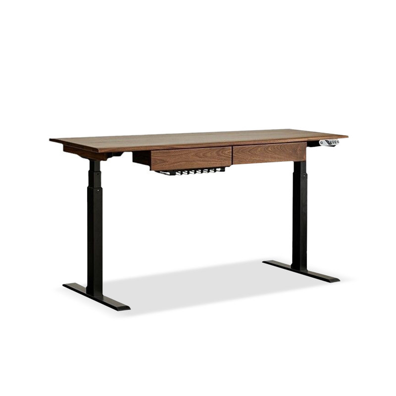 Bureau à 2 tiroirs brun noisette + bois rectangulaire réglable en hauteur + acier au carbone noir