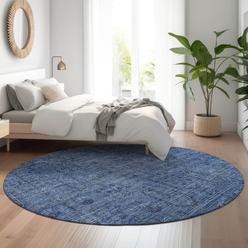 Premium Machine Washable Prisco Navy Rug, Round 8'