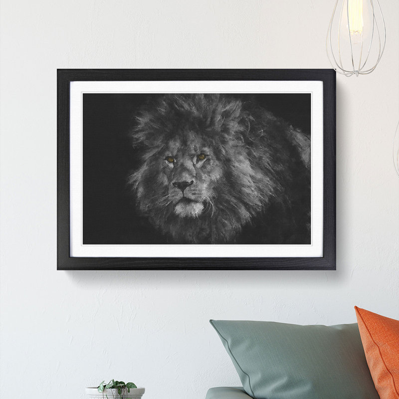 Lion with Piercing Eyes - Picture Frame Graphic Art Print, 62cm H x 87cm W x 2cm D, Black Framed