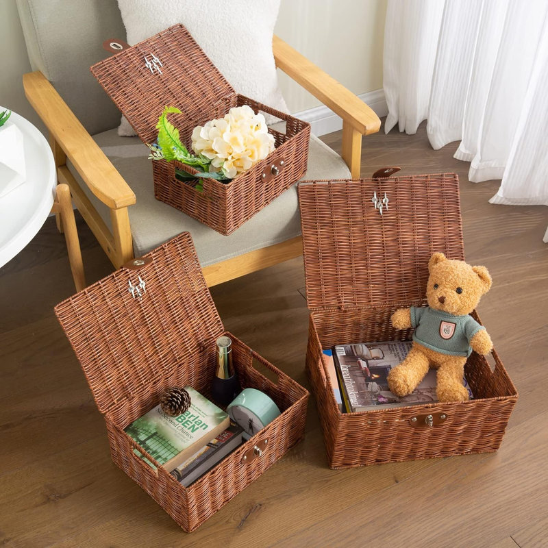 Set Of 3 Woven Storage Basket Box With Lid & Lock, Built-In Carry Handles, Multifunctional Storage Organiser For Nursery, Baby, Clothes, Toys, Books, Large/Medium/Small Size (Natural)