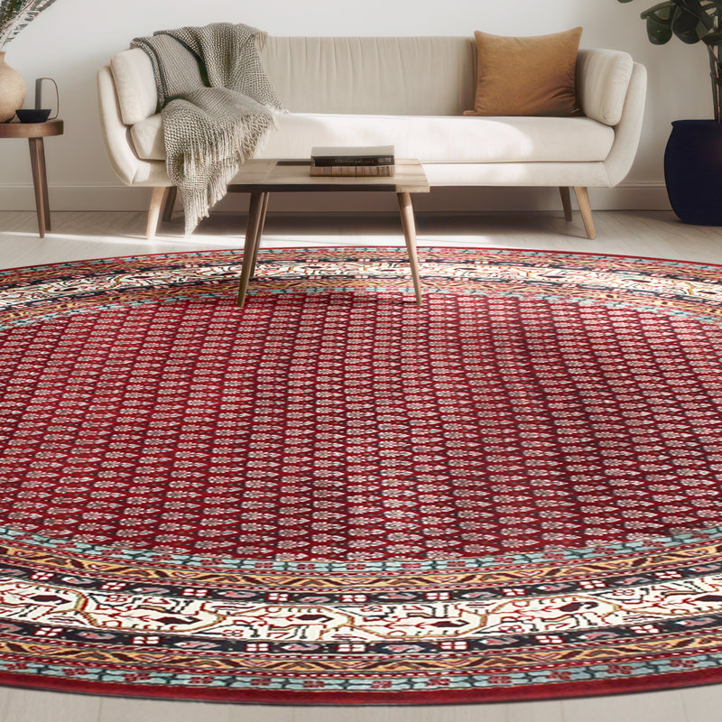 Tapis rouge / crème / bleu noué à la main de haute qualité, Rond 6 pi