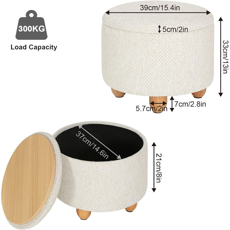 Othella 39cm Wide Round Ottoman with Storage, Cream Linen