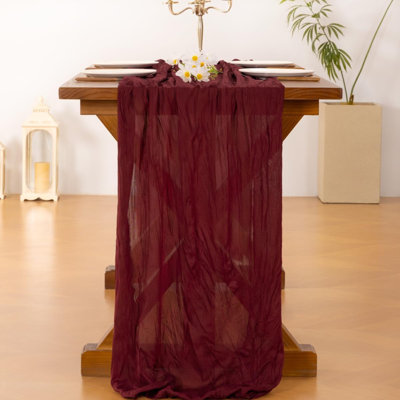 Chemin de table en gaze de coton, style bohème estival, idéal pour mariage, anniversaire, fête ou décoration intérieure | Gaze rustique bordeaux, 3 m (120 po), chemin de table transparent de style champêtre pour fête prénatale, enterrement de vie de jeune fille et décorations de fêtes