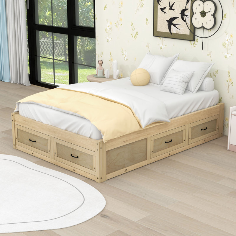 Wooden Platform Bed with 6 Drawers, Antique Natural, Full