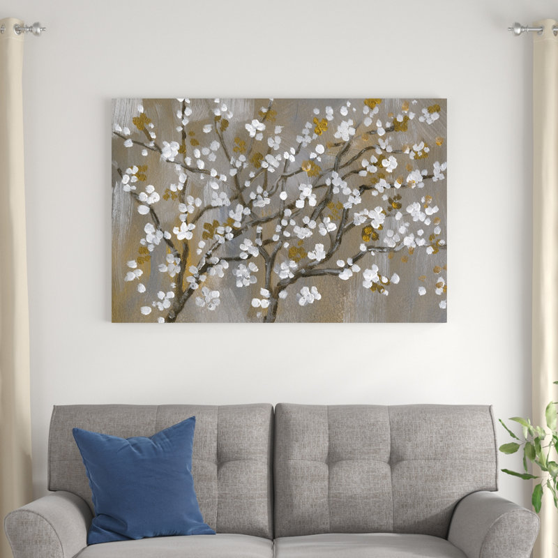 Fleurs peintes en blanc et brun, H 32 po x l 48 po