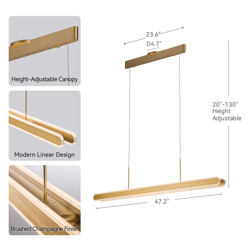 Gianni - Luminaire suspendu linéaire à DEL de 47,2 po de large en champagne brossé, lustre moderne à intensité variable de 53 W et 3 000 K pour îlot de cuisine et salle à manger, hauteur réglable de 130 po