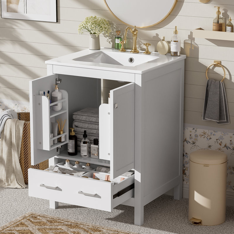 24" Single Bathroom Vanity With Ceramic Top, White
