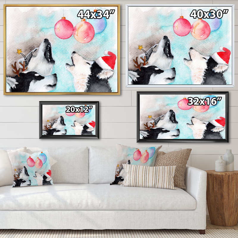 «Three Funny Cute Husky Dogs in Christmas Hats», reproduction sur toile, H 12 po x l 20 po x P 1 po, Cadre flottant blanc