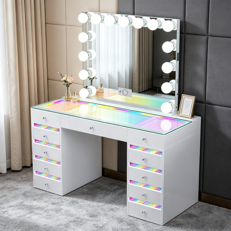 Bureau de meuble-lavabo avec lumière RVB et miroir de coiffeuse