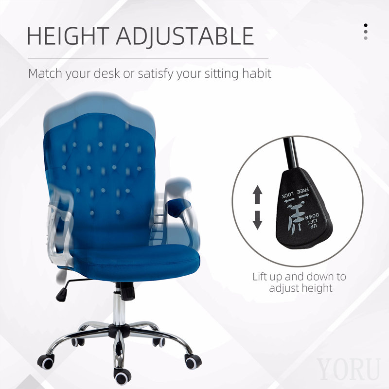 Home Office Chair, Velvet Computer Chair, Button Tufted Desk Chair With Swivel Wheels, Adjustable Height, And Tilt Function, Blue