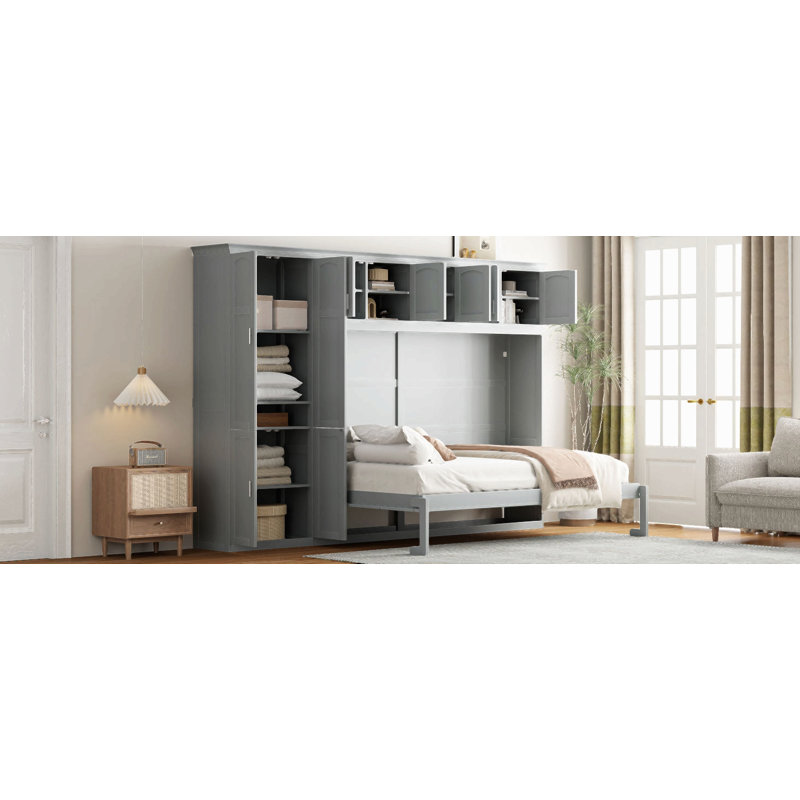 Grand lit escamotable mural avec armoires, gris