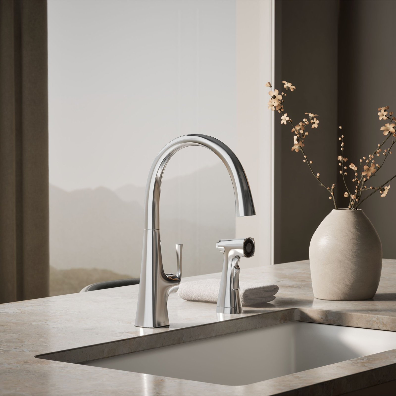 Graze Swing Spout Faucet with Sidespray, Polished Chrome